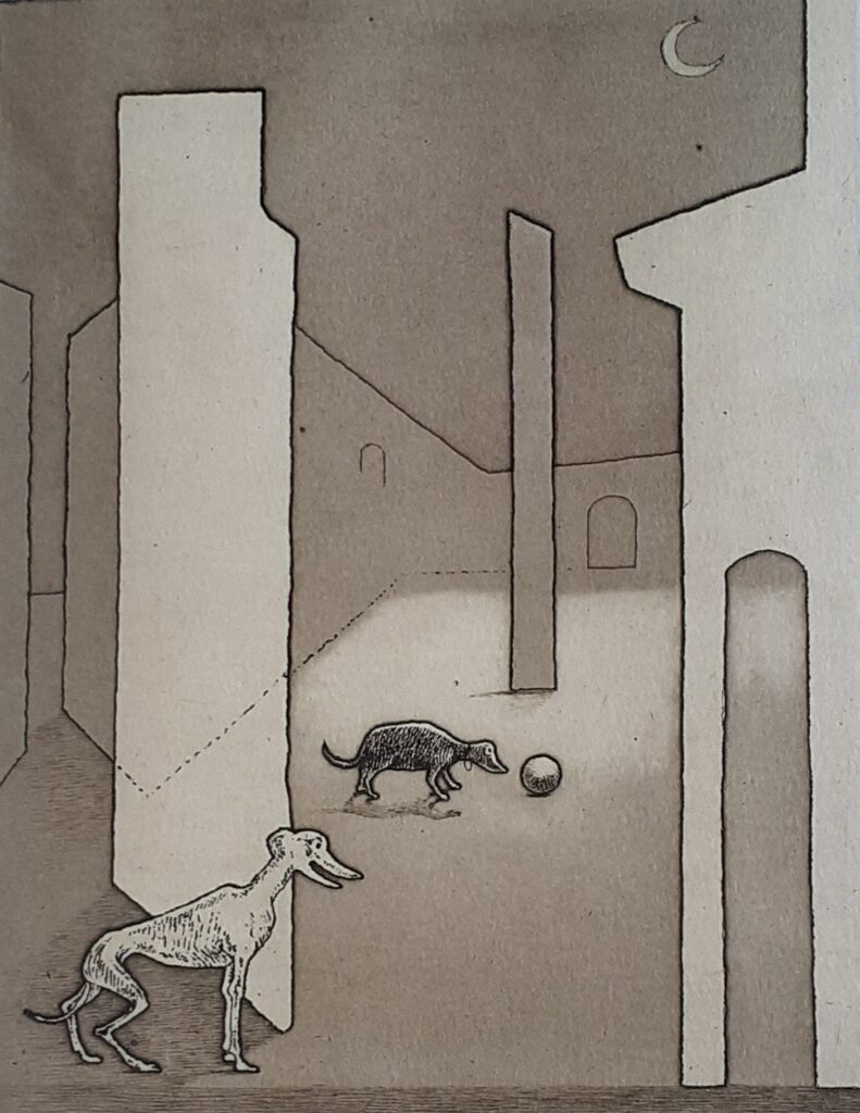 子犬のいる風景1984年.エッチング・アクアチント